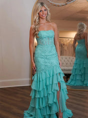 Strapless Applique Ruffle Mermaid Long Prom Dress with Slit