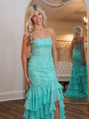 Strapless Applique Ruffle Mermaid Long Prom Dress with Slit