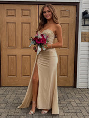 Strapless Beaded Corset Bodice Long Prom Dress with Slit