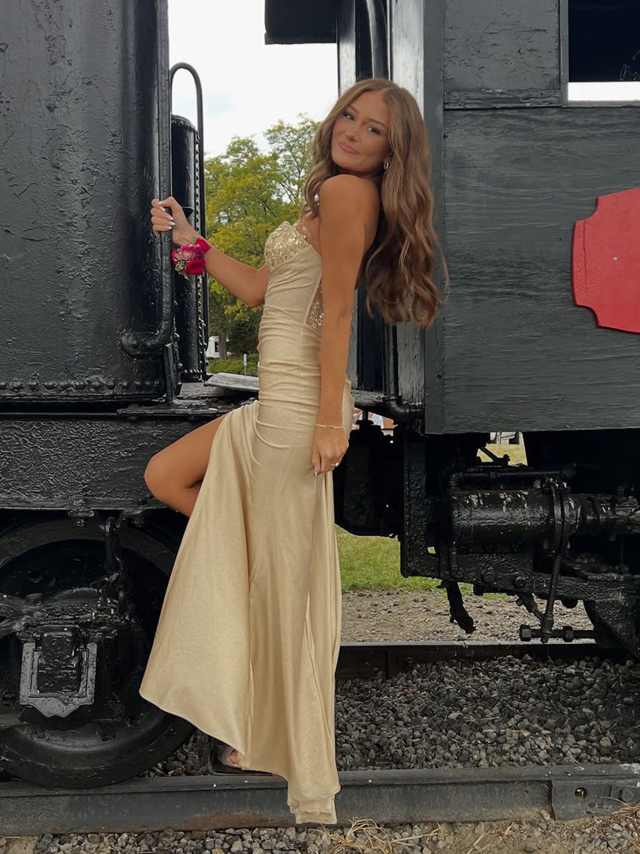 Strapless Beaded Corset Bodice Long Prom Dress with Slit