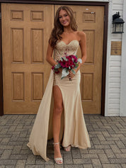 Strapless Beaded Corset Bodice Long Prom Dress with Slit