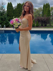 Strapless Beaded Corset Bodice Long Prom Dress with Slit