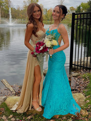 Strapless Beaded Corset Bodice Long Prom Dress with Slit