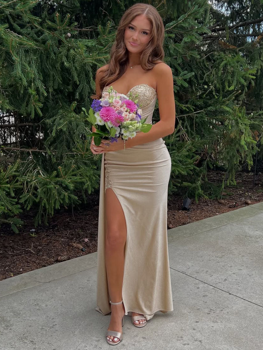 Strapless Beaded Corset Bodice Long Prom Dress with Slit