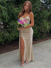 Strapless Beaded Corset Bodice Long Prom Dress with Slit