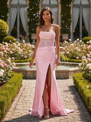 Strapless Bodycon Scoop Neck Satin Long Prom Dress with Slit