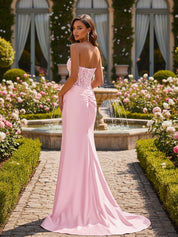 Strapless Bodycon Scoop Neck Satin Long Prom Dress with Slit
