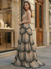 Strapless Champagne Leopard Sequin Tiered Long Prom Dress