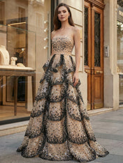 Strapless Champagne Leopard Sequin Tiered Long Prom Dress