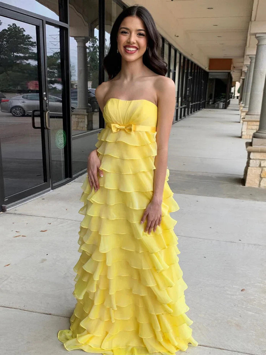 Strapless Chiffon Tiered Ruffles Long Prom Dress