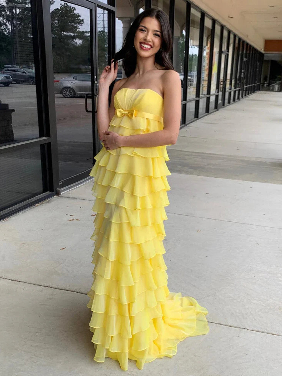 Strapless Chiffon Tiered Ruffles Long Prom Dress