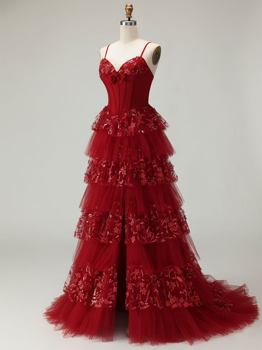 Corset Bodice Tiered Long Prom Dress with 3D Floral Appliqués