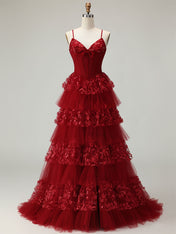 Red Corset Bodice Tiered Long Prom Dress with 3D Floral Appliqués