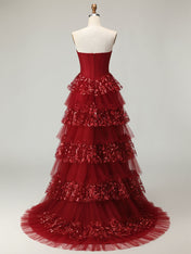 Red Corset Bodice Tiered Long Prom Dress with 3D Floral Appliqués