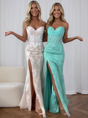 Strapless Corset Lace Prom Dress with Thigh-High Slit