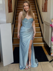 Strapless Corset Satin Long Prom Dress with High Slit