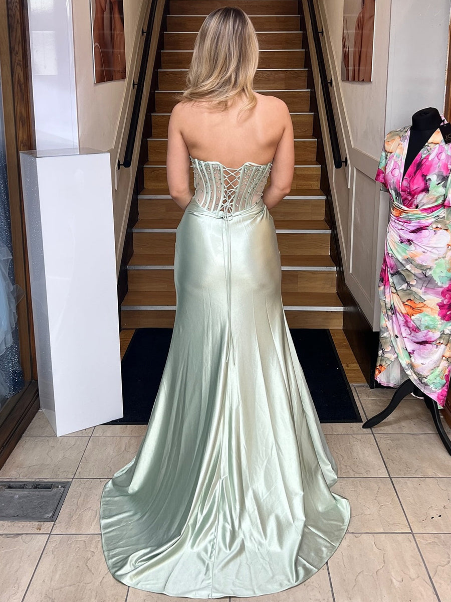 Strapless Corset Satin Long Prom Dress with High Slit