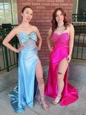 Strapless Crystal Bow Bodice Satin Porm Dress with High Slit