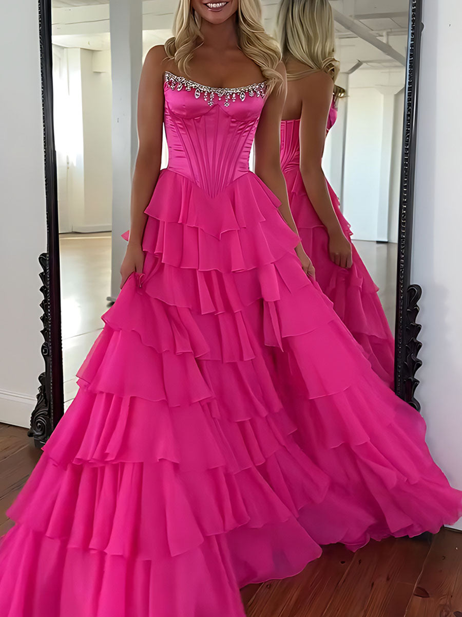 Strapless Crystal NecklineTiered Ruffle Satin Corset Prom Dress