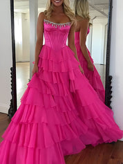 Strapless Crystal NecklineTiered Ruffle Satin Corset Prom Dress