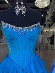 Strapless Crystal NecklineTiered Ruffle Satin Corset Prom Dress