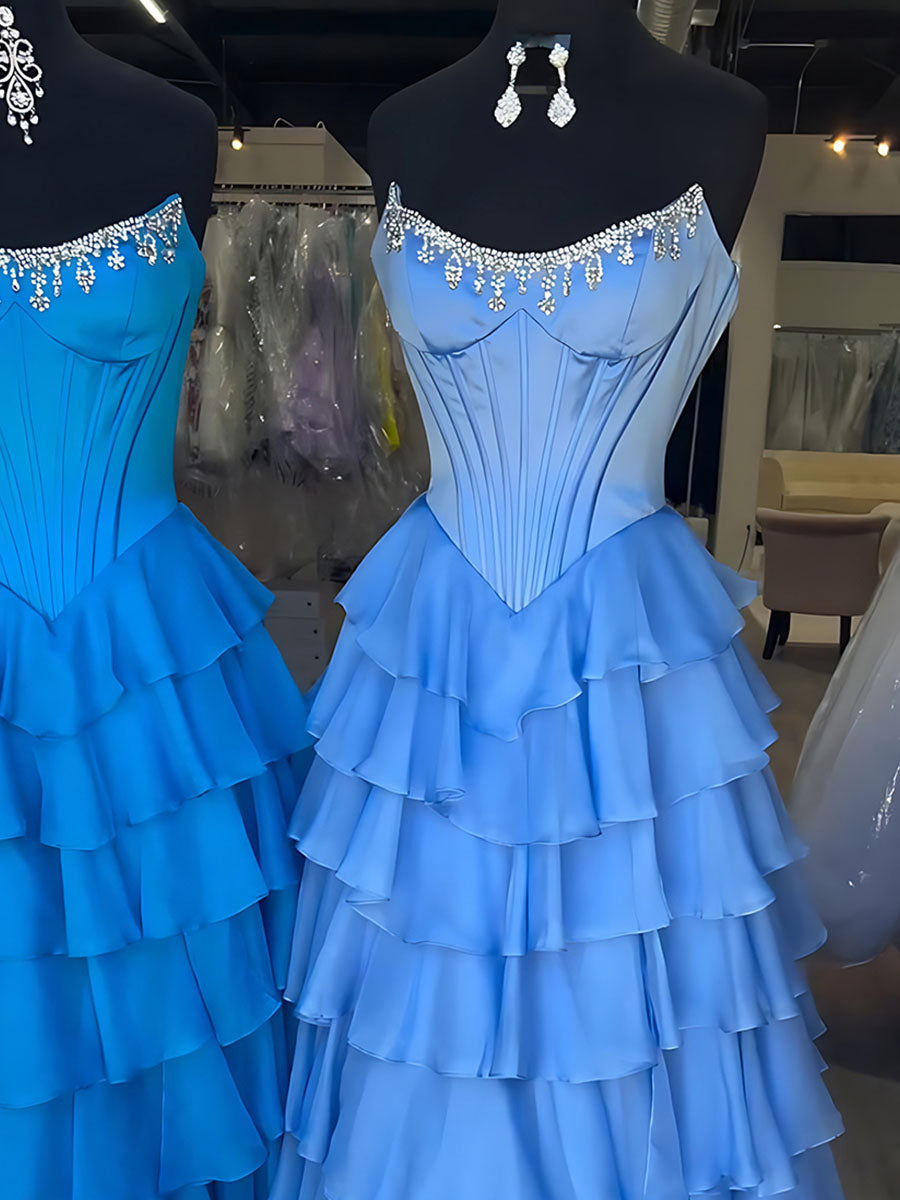 Strapless Crystal NecklineTiered Ruffle Satin Corset Prom Dress