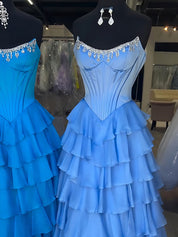 Strapless Crystal NecklineTiered Ruffle Satin Corset Prom Dress