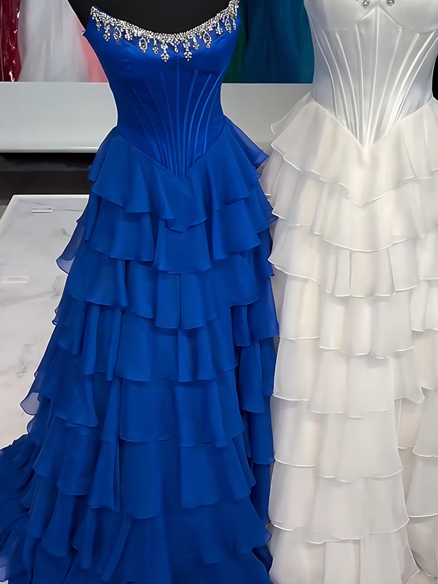 Strapless Crystal NecklineTiered Ruffle Satin Corset Prom Dress