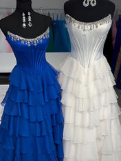 Strapless Crystal NecklineTiered Ruffle Satin Corset Prom Dress