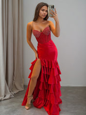 Strapless Crystal Ruffle Mermaid Long Prom Dress