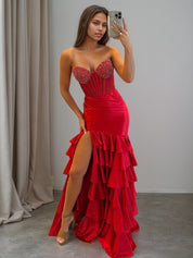 Strapless Crystal Ruffle Mermaid Long Prom Dress