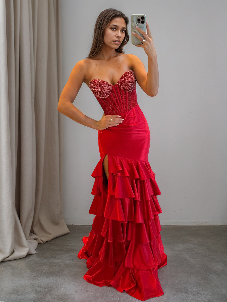 Strapless Crystal Ruffle Mermaid Long Prom Dress