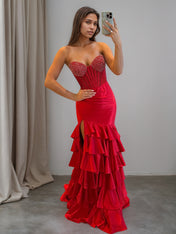 Strapless Crystal Ruffle Mermaid Long Prom Dress