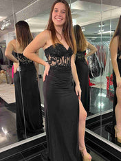 Strapless Floral Mermaid Satin Long Prom Dress with Slit