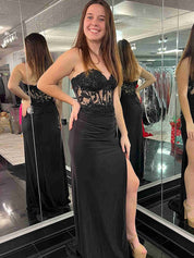 Strapless Floral Mermaid Satin Long Prom Dress with Slit