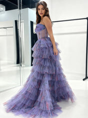Strapless Floral Print Tiered Ruffles Corset Prom Dress with Slit