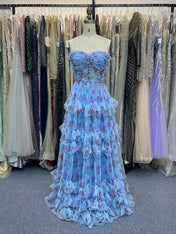 Strapless Floral Tulle Prom Dress with Tiered Ruffles