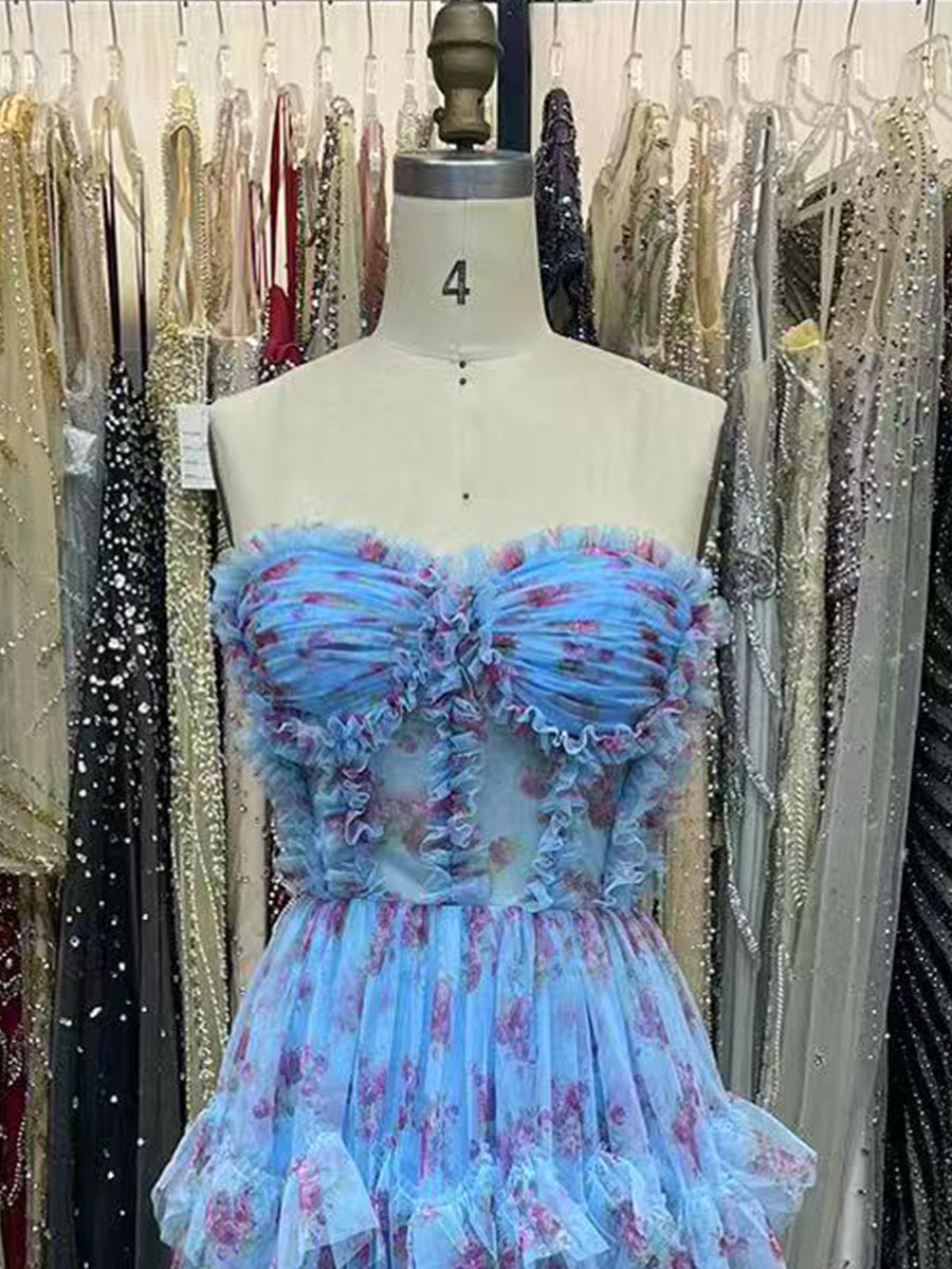 Strapless Floral Tulle Prom Dress with Tiered Ruffles