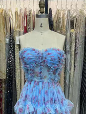 Strapless Floral Tulle Prom Dress with Tiered Ruffles