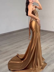 Strapless Heavy Crystal Corset Satin Prom Dress with Slit