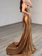 Strapless Heavy Crystal Corset Satin Prom Dress with Slit