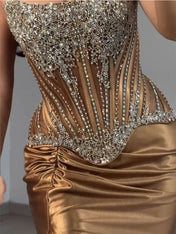 Strapless Heavy Crystal Corset Satin Prom Dress with Slit