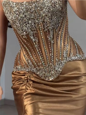 Strapless Heavy Crystal Corset Satin Prom Dress with Slit