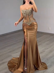 Strapless Heavy Crystal Corset Satin Prom Dress with Slit