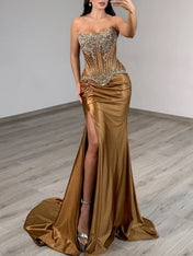 Strapless Heavy Crystal Corset Satin Prom Dress with Slit