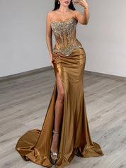Strapless Heavy Crystal Corset Satin Prom Dress with Slit