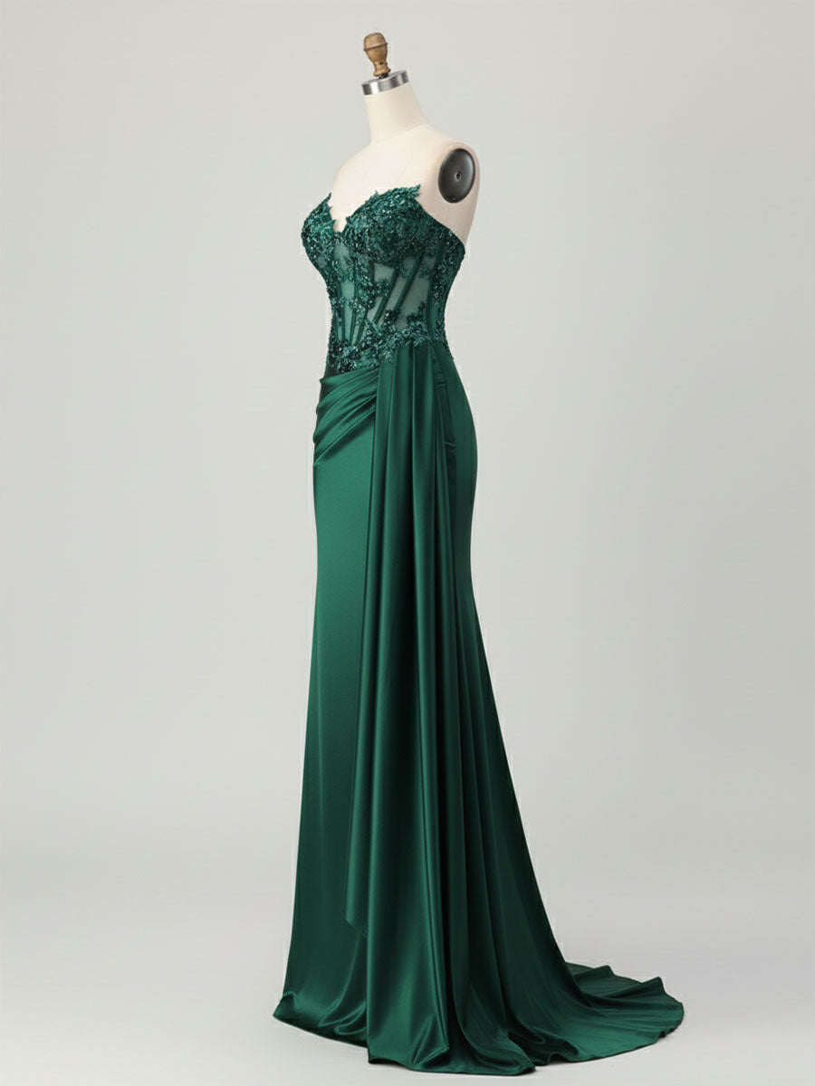 Strapless Illusion Bodice Prom Dress with Satin Skirt