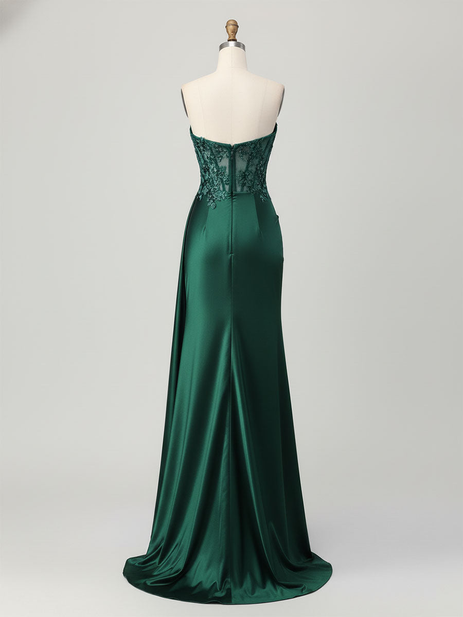 Strapless Illusion Bodice Prom Dress with Satin Skirt