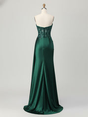 Strapless Illusion Bodice Prom Dress with Satin Skirt