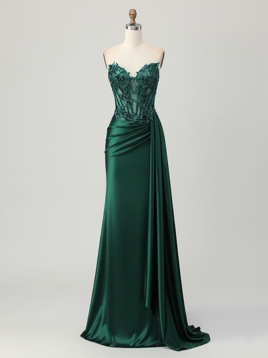 Strapless Illusion Bodice Prom Dress with Satin Skirt